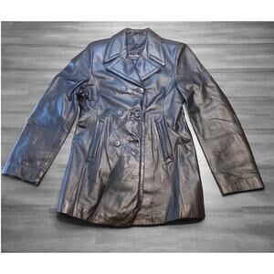 VTG Wilsons Leather Double Breasted Coat S 90s Black Genuine Leather EUC